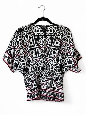 White House Black Market Smocked Blouse Small Black White Pink Geometric Print